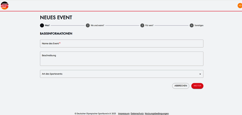 Seite 1 des Formulars zum Anlegen eines Events