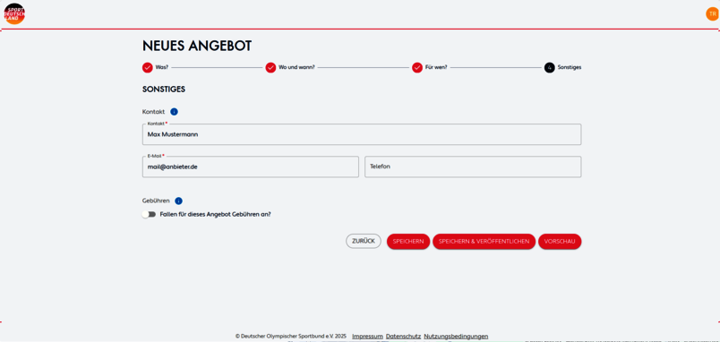 Seite 5 des Formulars zum Anlegen eines Angebotes