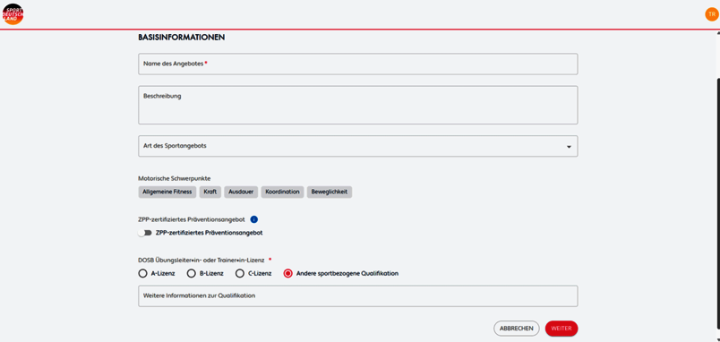 Seite 1 des Formulars zum Anlegen eines Angebotes
