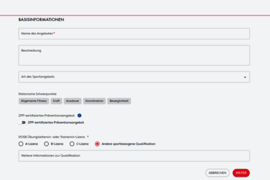 Ein Screenshot der Eingabemaske der Bewegungslandkarte
