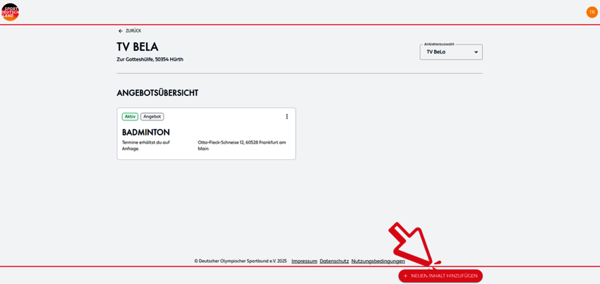 Ansicht der Seite mit bestehenden Angeboten
